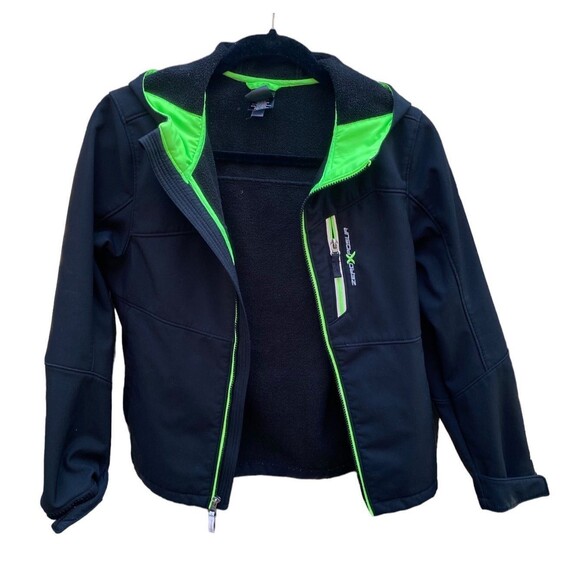 ZeroXposur L (14/16) Soft Shell Black neon green Hooded Jacket Water Wind Resist - Picture 2 of 10